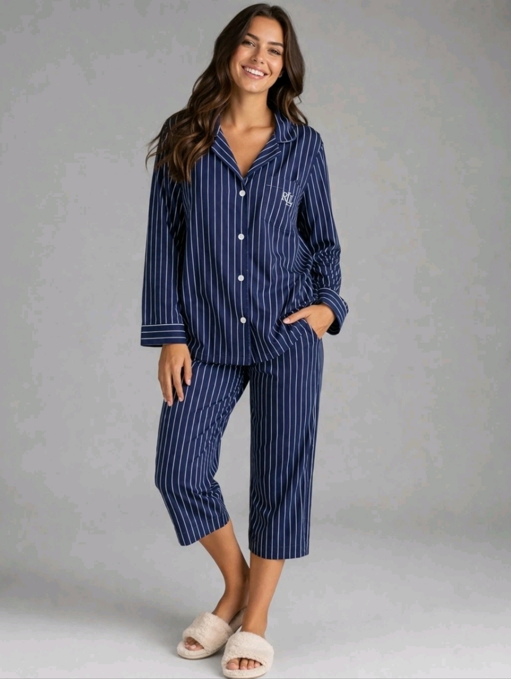 Lauren Ralph Lauren Pajama Set Womens L Blue Striped Cotton Blend Lounge 2 Pcs